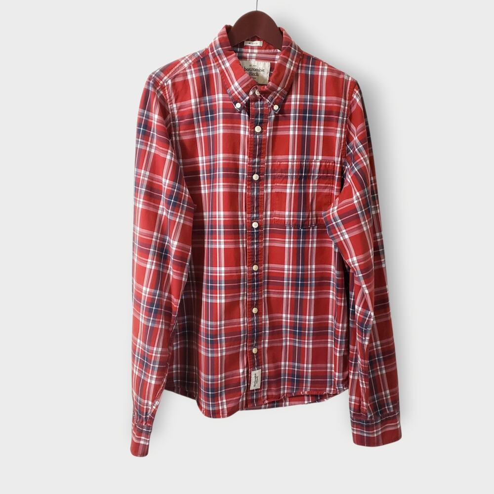 Vtg Abercrombie & Fitch Mens Plaid Muscle Button‎ Down Shirt Red XXL 90s Y2K